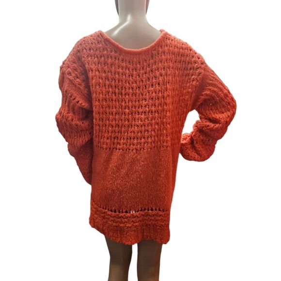 Free People Crashing Waves Chunky Knit Pullover V Neck Sweater in Red Orange - Picture 5 of 10